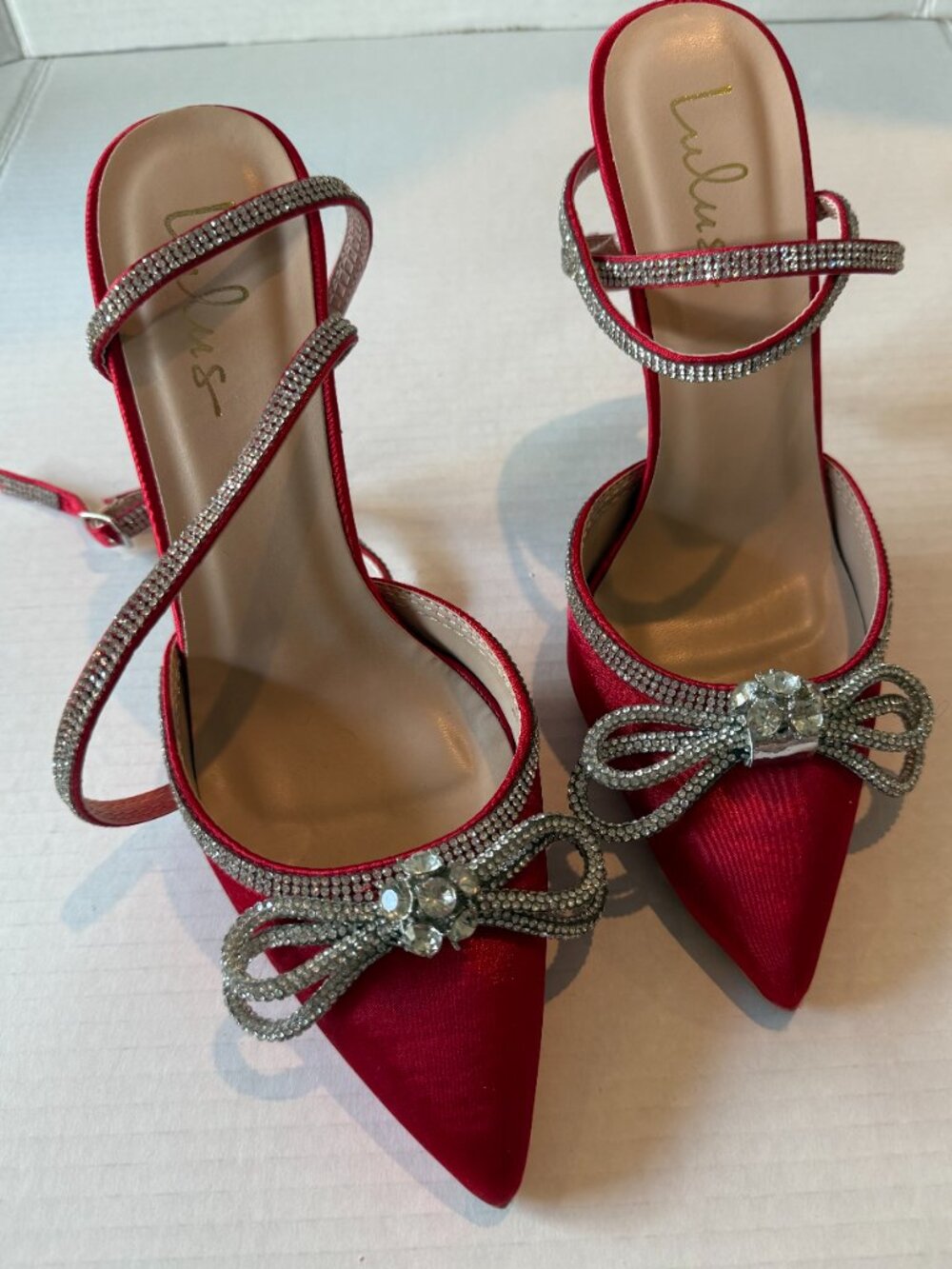 Lulus Lullie Red Satin Rhinestone Ankle Strap Pumps Heels Size 9